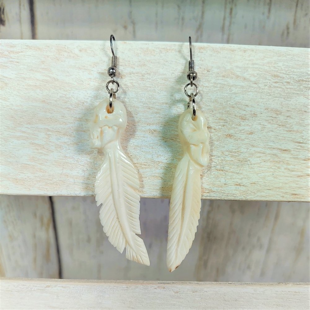 Hand Carved Bone Skull & Feather Fishhook Dangle Pierced Earrings